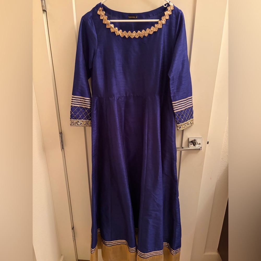 Elegant Blue and Gold Pakistani Silk Dress